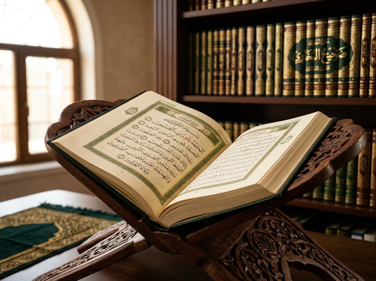 Open Holy Quran on an ornate wooden rehal stand with Tajweed script and leatherbound books