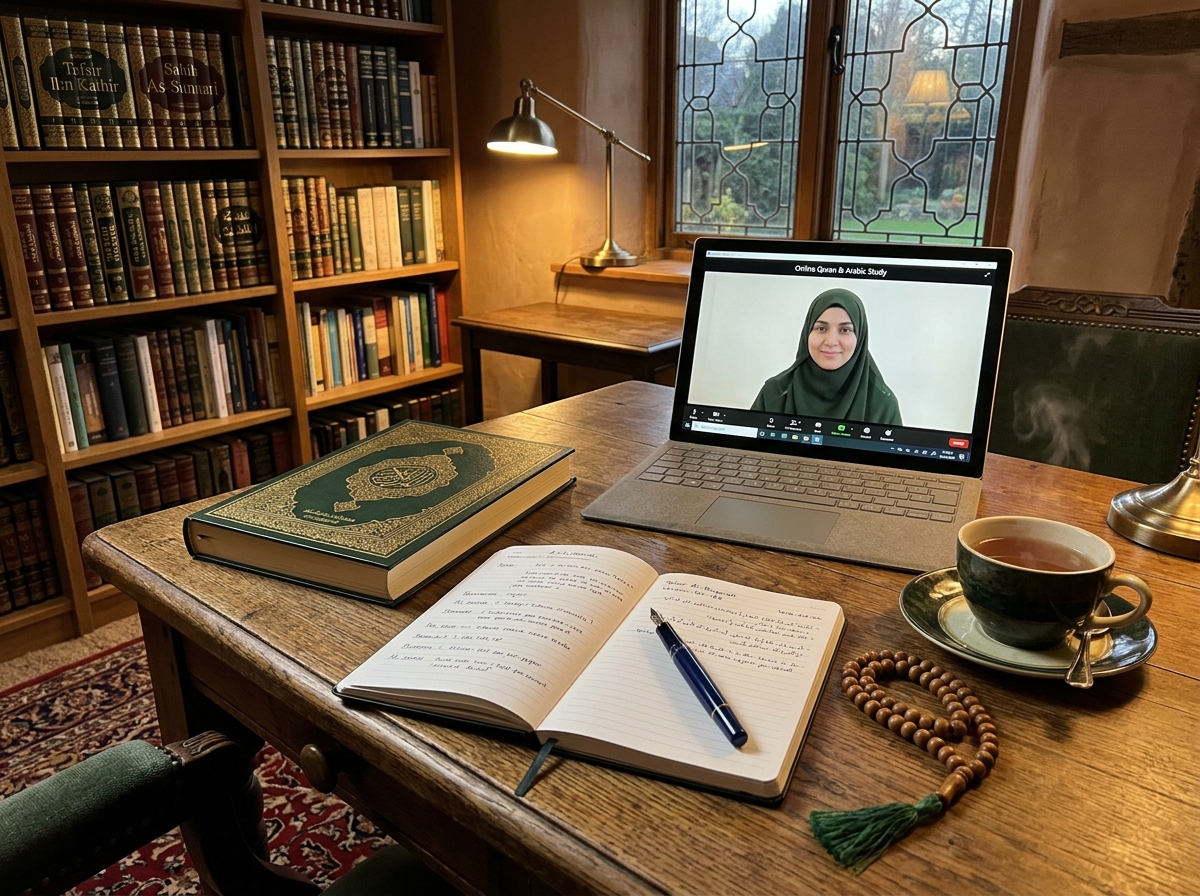 Respectful Islamic study workspace with Quran, notebook, and online tutoring session